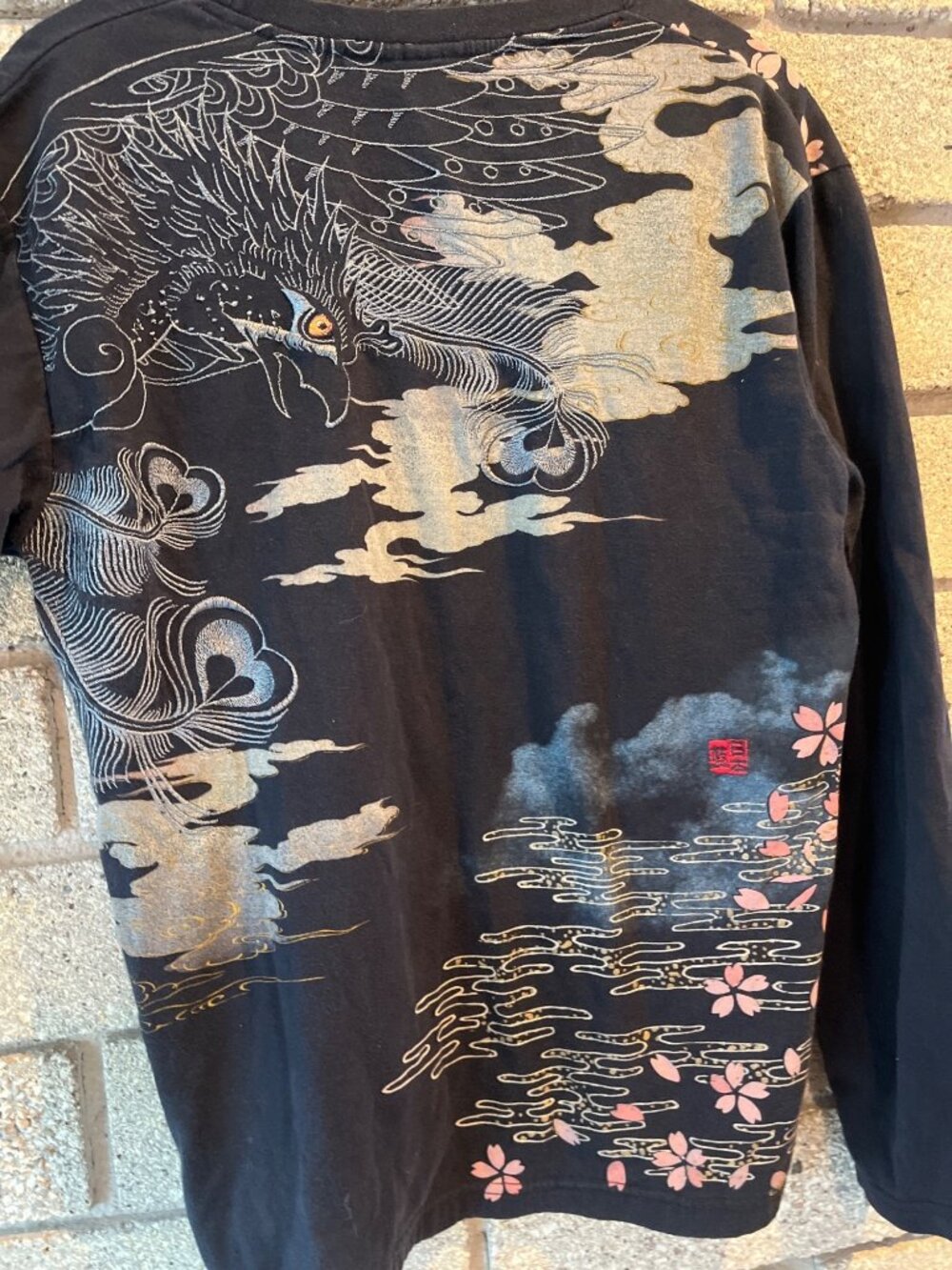 Nippon Blue Japanese Sakura & Dragon Print Long Sleeve Shirt Size M - Picture 6 of 9